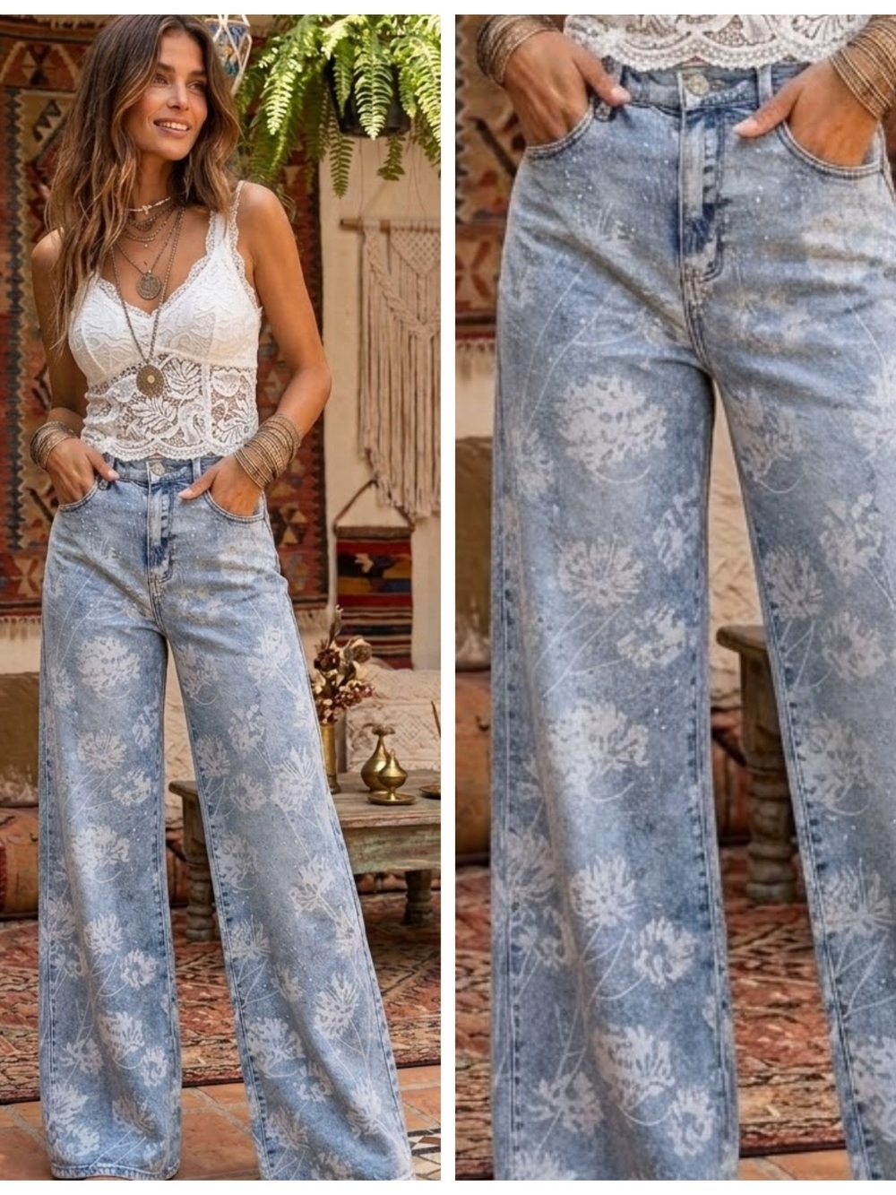 Embellished Floral Print Rhinestone Jeans - Light Blue